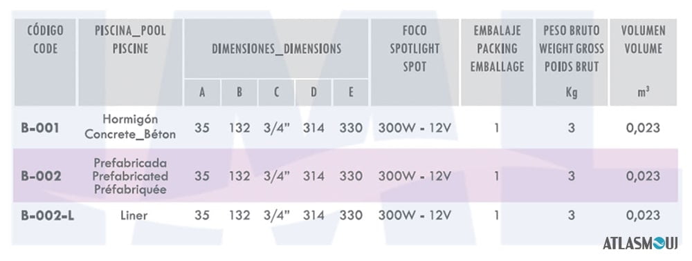 جدول مشخصات چراغ استخر هالوژنی PRESSING